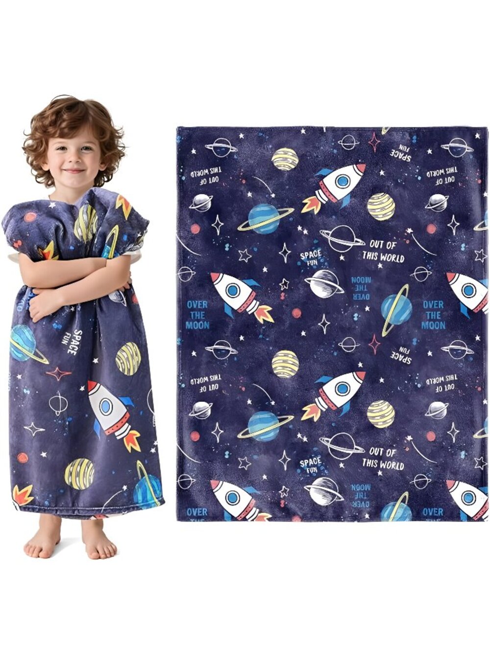 Toddler Fleece Space Blanket for Boys Kids 3D Rocket Planets Soft Throw Blanket